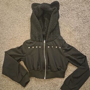 Black Hooded Sherpa-Trim Cropped Jacket